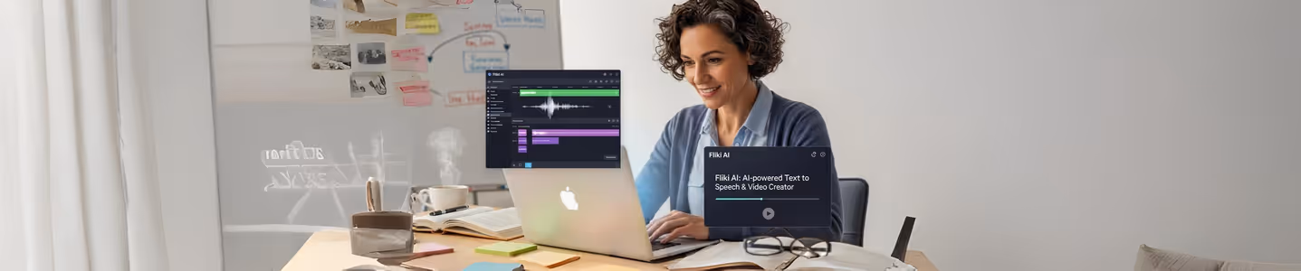 Mulher sorridente usa Fliki AI em MacBook para criar vídeos