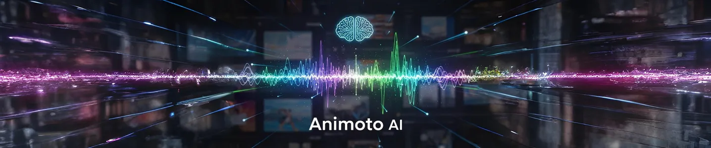 Logotipo Animoto AI com ondas sonoras coloridas digitais