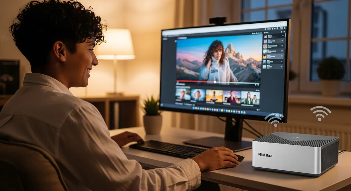 Pessoa assistindo vídeo em tela grande com Nio Fibra ativa