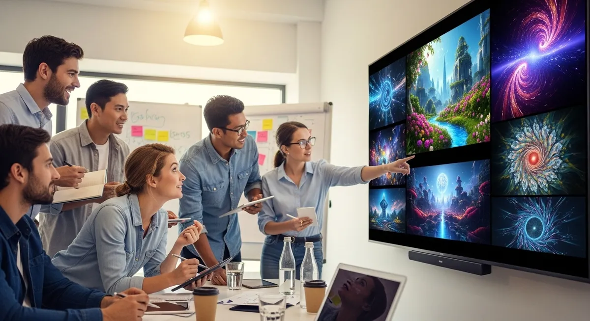 Equipe observa artes digitais em telão durante reunião criativa