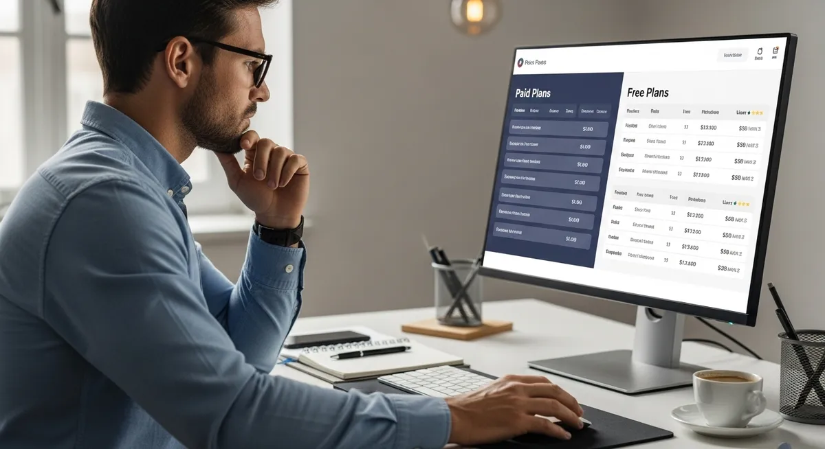 Homem analisa tabela de planos pagos e grátis em tela de PC