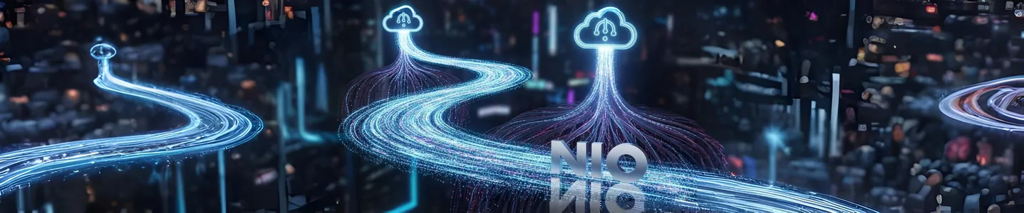 Fluxos digitais conectam nuvens em cidade futurista com marca nio