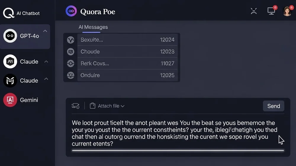 Mulher sorridente usa Quora Poe em laptop com ícones de estudo, trabalho, lazer e entretenimento.