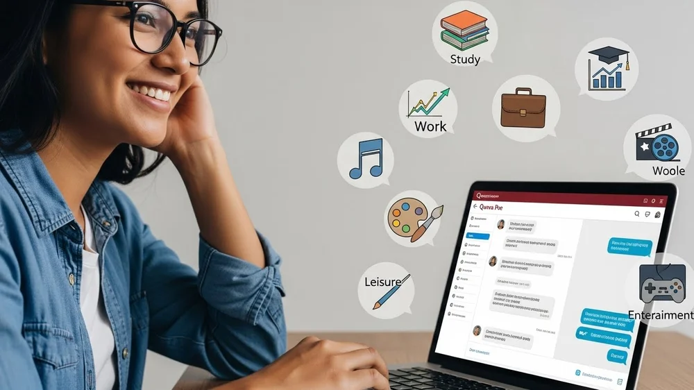 Mulher sorridente usa Quora Poe em laptop com ícones de estudo, trabalho, lazer e entretenimento.