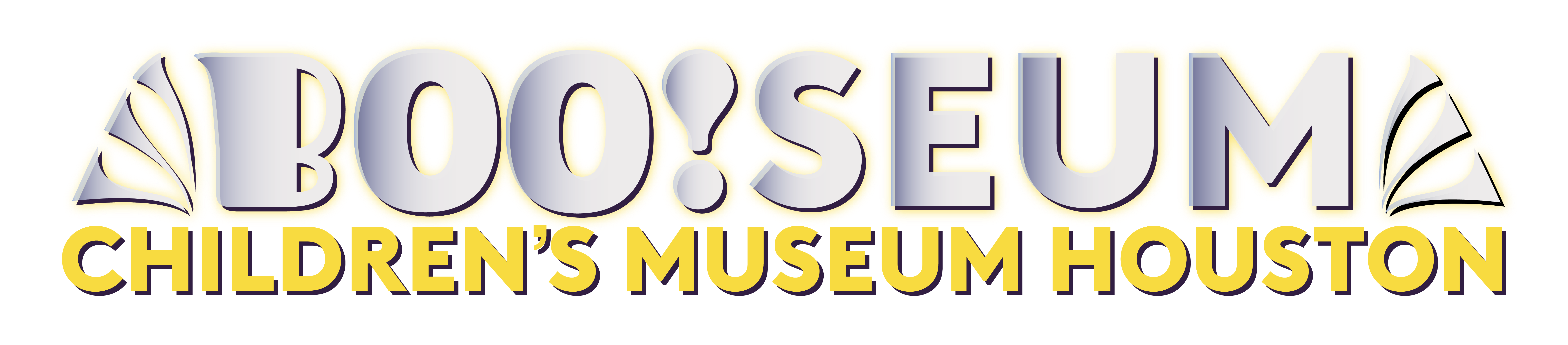 Logo of BOO!SEUM Children's Museum Houston with stylized silver and yellow text and decorative triangular shapes on black background.