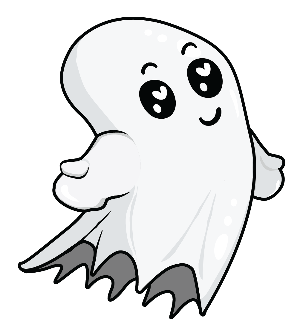 Cute cartoon ghost with big black eyes featuring heart-shaped highlights, small smiling mouth, and rounded arms, floating with a wavy bottom edge.