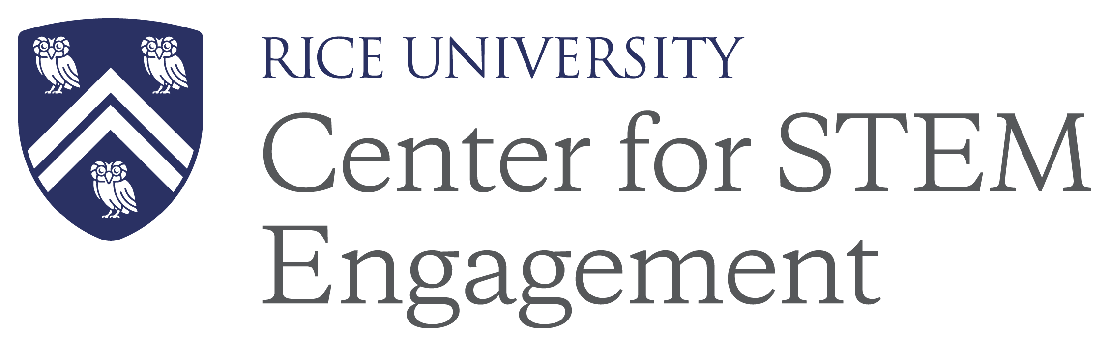 Rice University shield with three white owls on a dark blue background next to the text 'Rice University Center for STEM Engagement'.