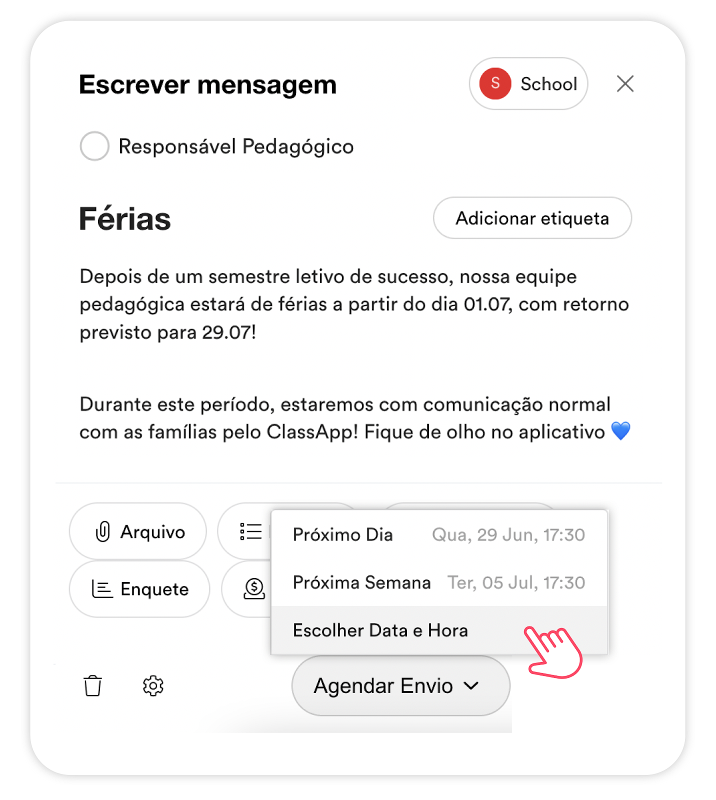 Imagem mostrando o agendamento de envio de mensagens no aplicativo ClassApp