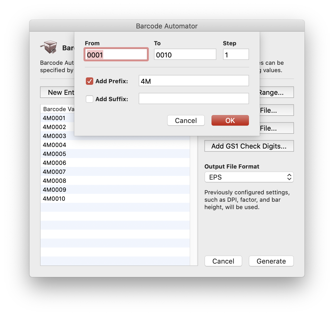 Add a Numeric Range for multiple barcodes