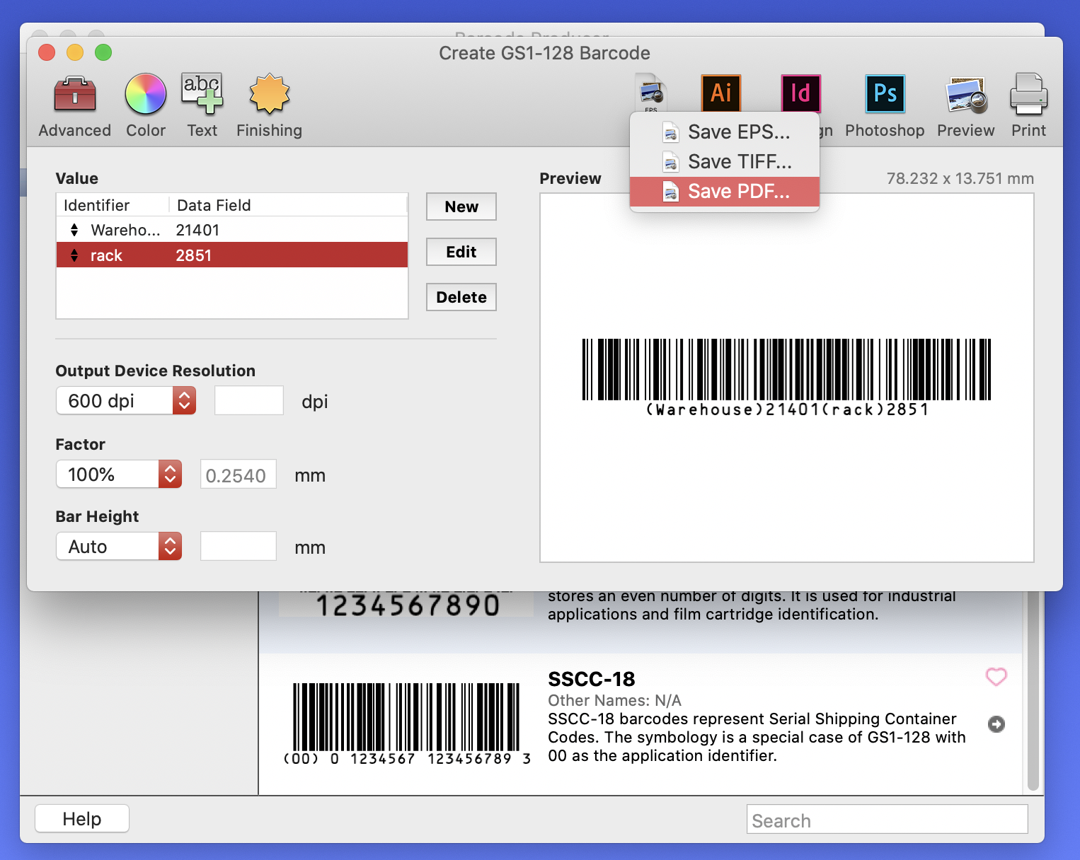 Barcode Producer "Save As" screen