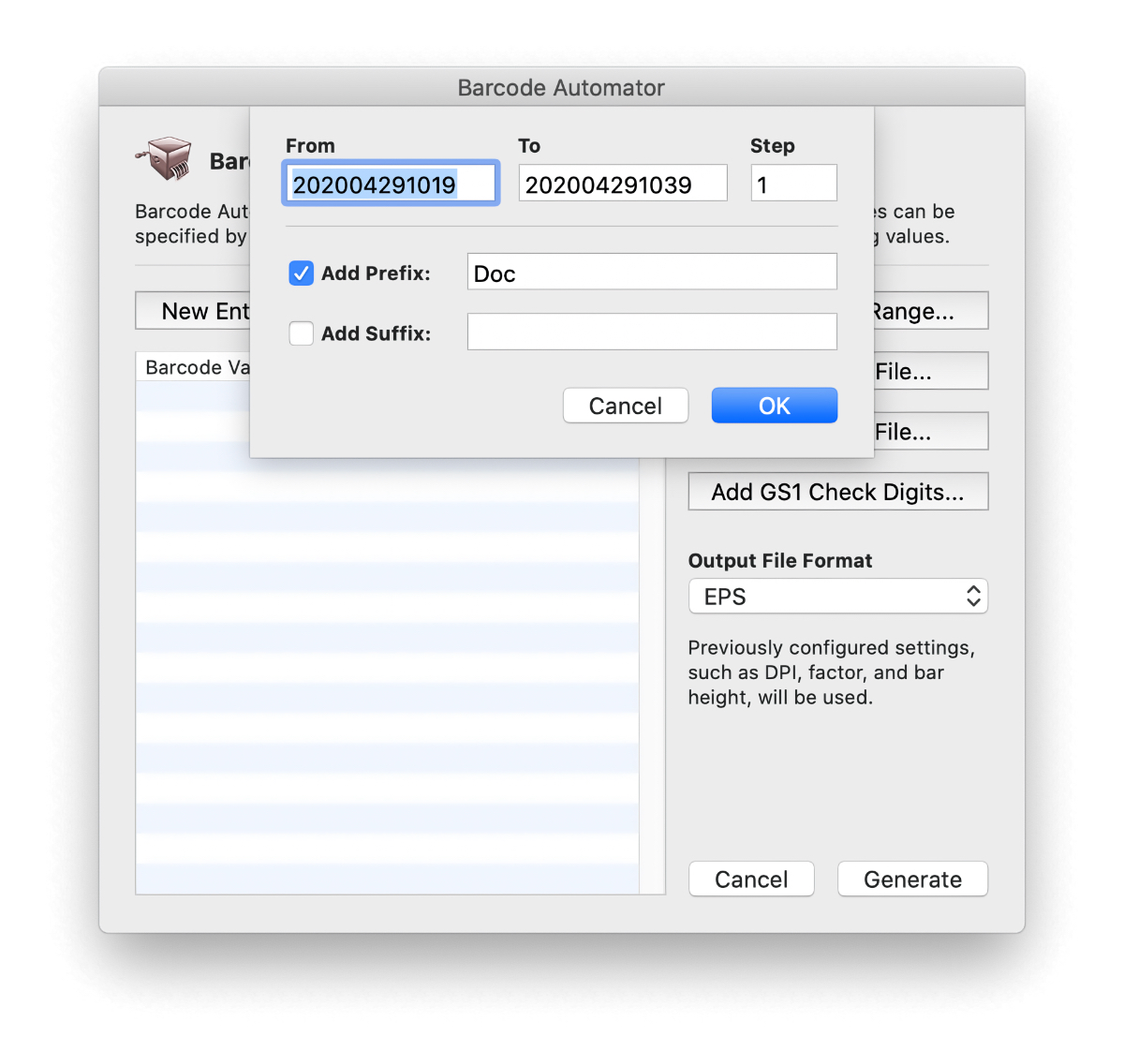 Barcode Automator Numeric Range screen