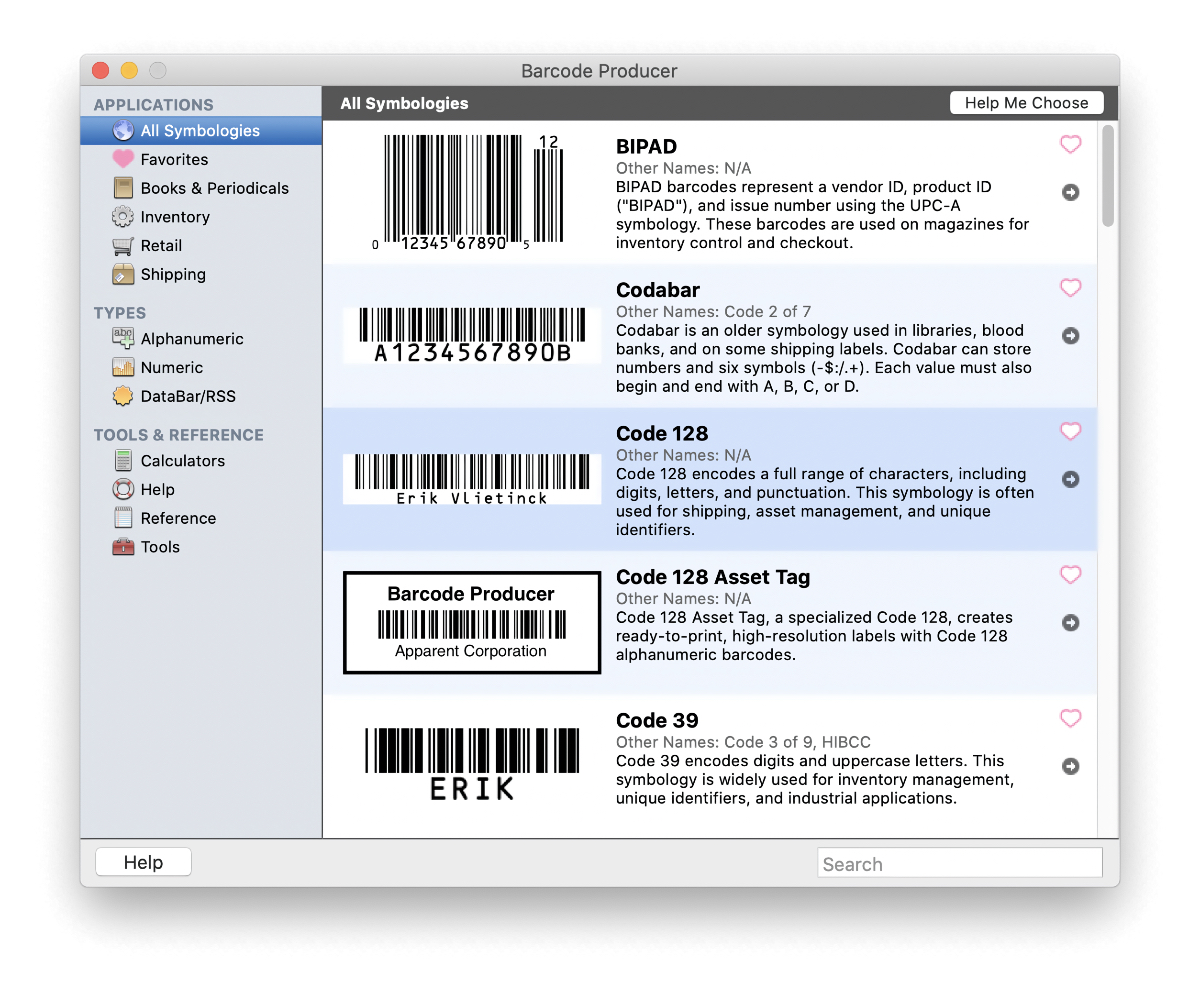 Select a Symbology screen in Barcode Producer