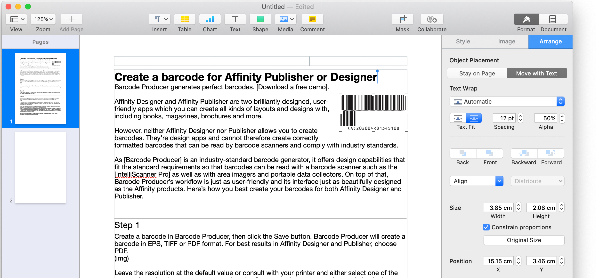Drag and drop the barcode into Pages