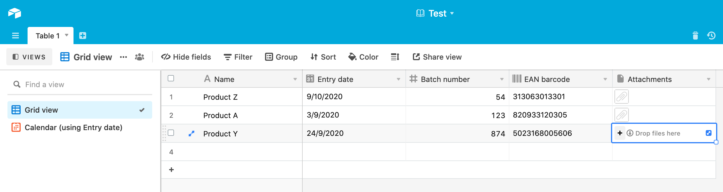 Airtable sample spreadsheet in grid view