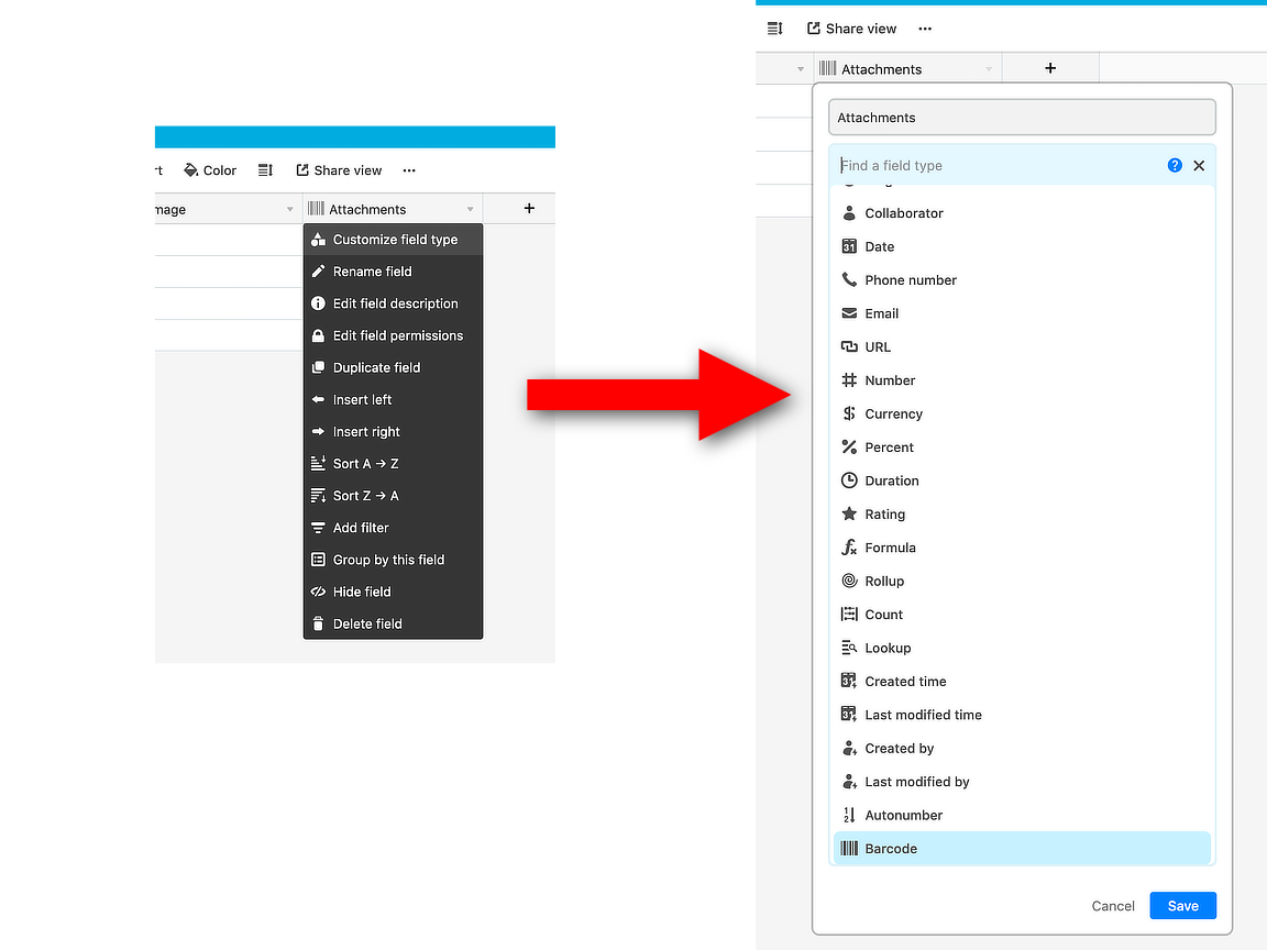 An Airtable screenshot showing how to get to the barcode field option