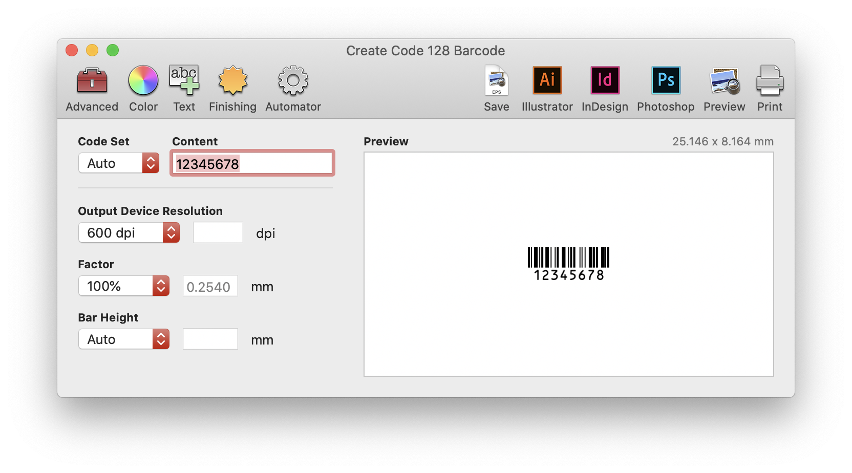 A Barcode Producer screenshot of creating a Code 128 Barcode