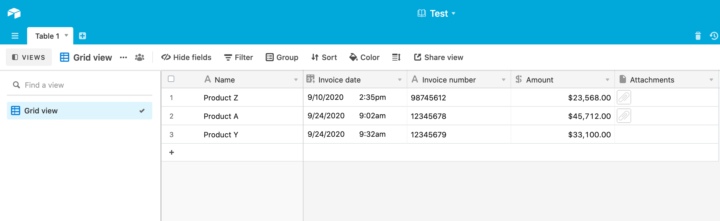 An Airtable screenshot of an inventory table in grid view