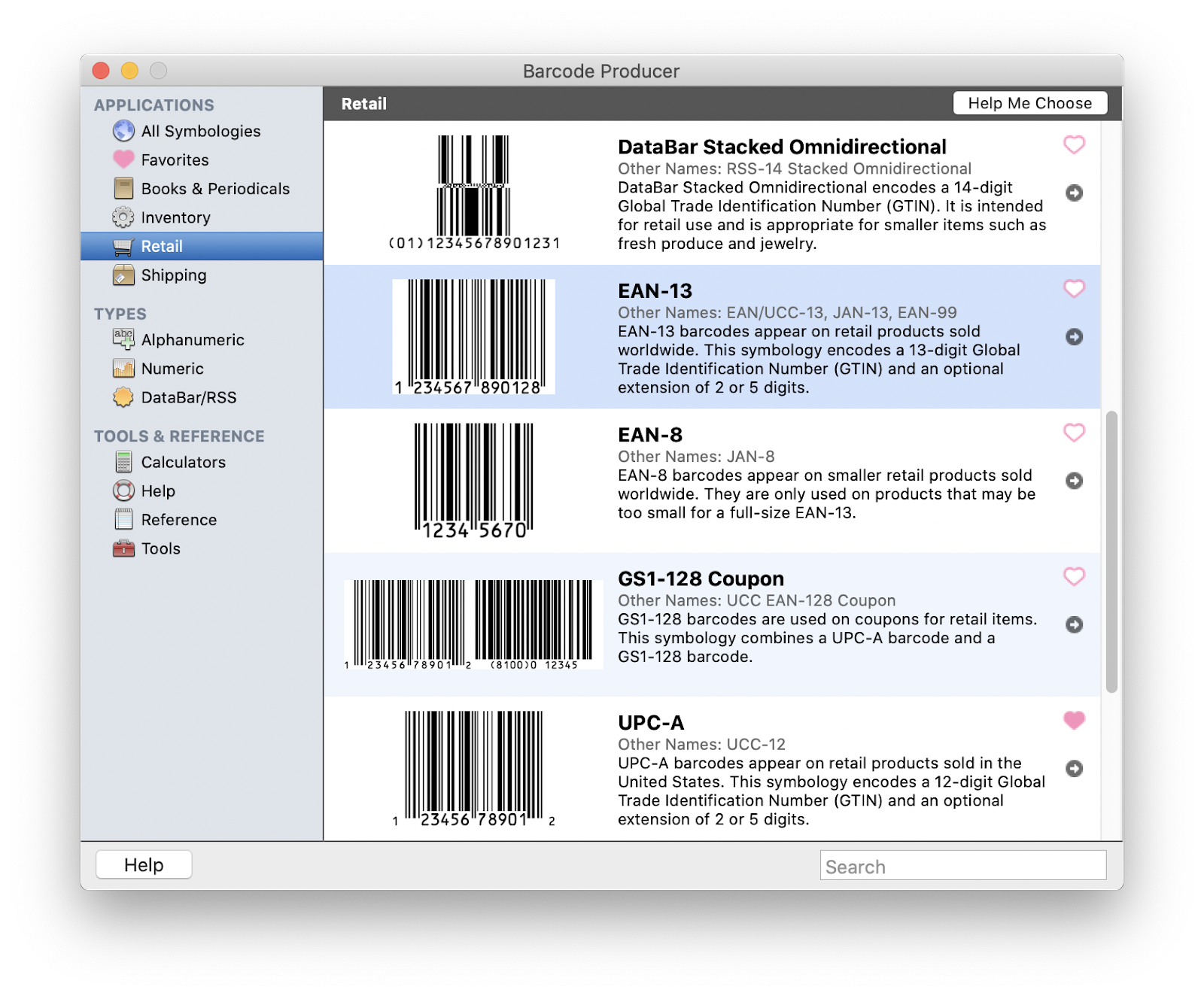 Retail Applications screen in Barcode Producer. EAN-13 is highlighted.