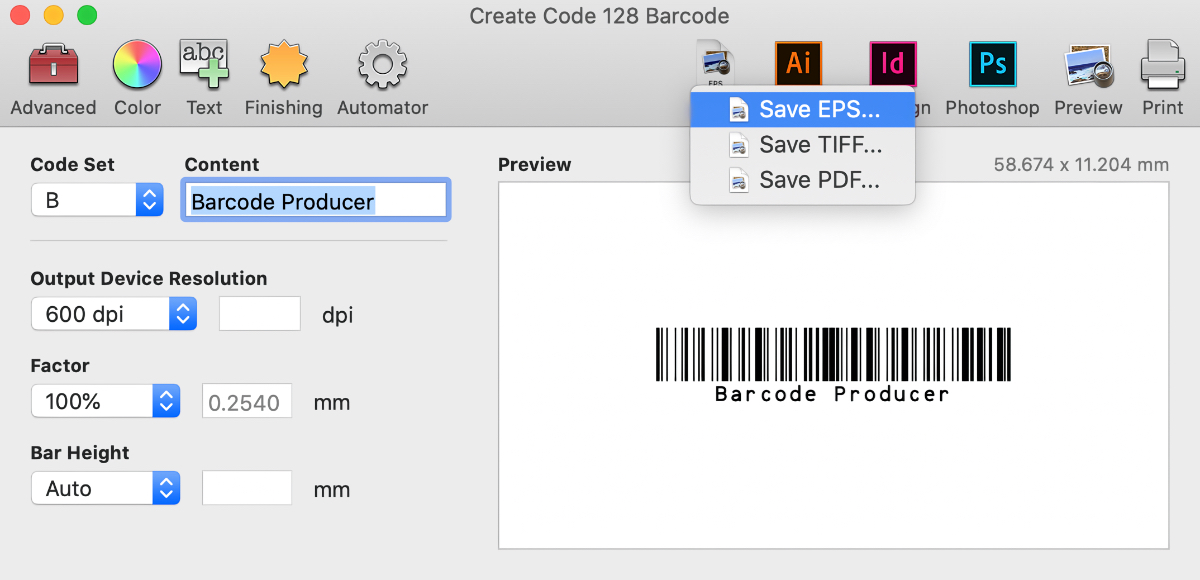 Save your barcode as EPS, TIFF, or PDF