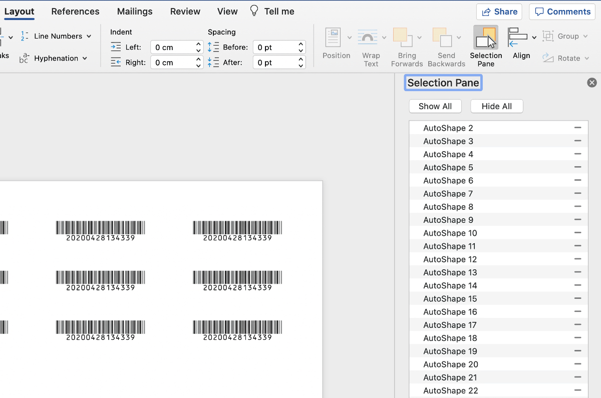 AutoShapes in the Selection Pane in Microsoft Word