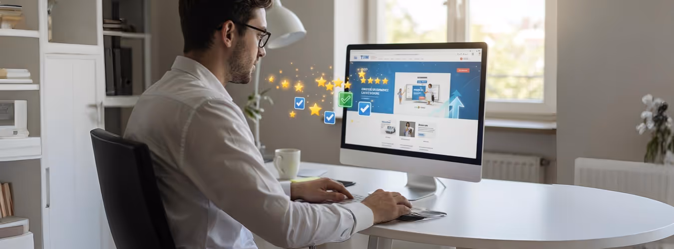Profissional usando computador em home office com ícones de avaliação positiva