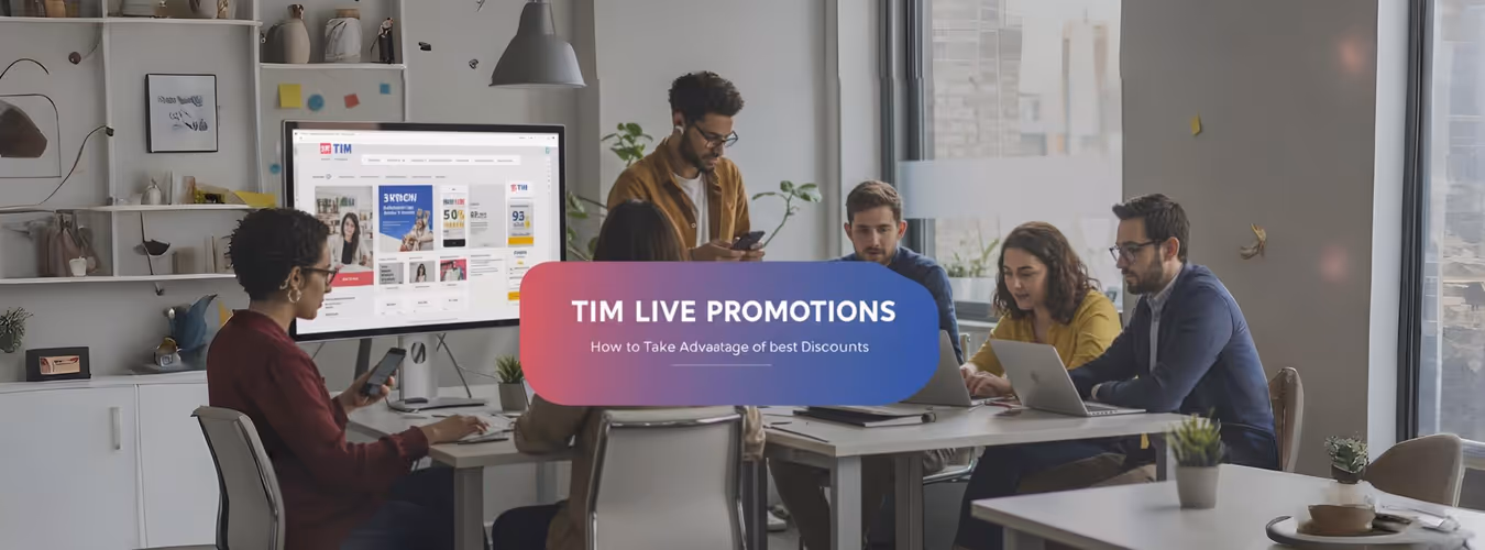 Grupo de pessoas discutindo promoções da TIM Live com computadores e smartphones.