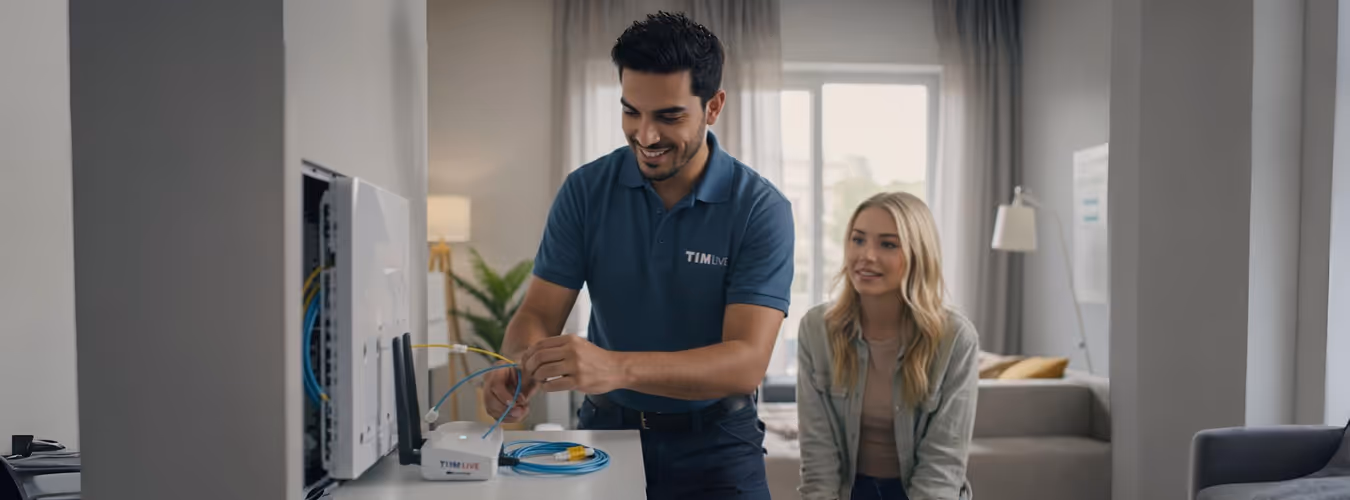 Técnico instalando internet em casa enquanto a cliente observa.