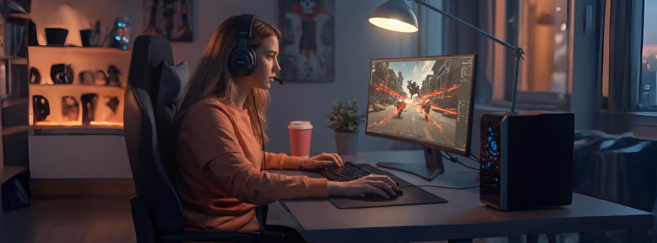 Gamer jogando em setup com PC e headset à noite
