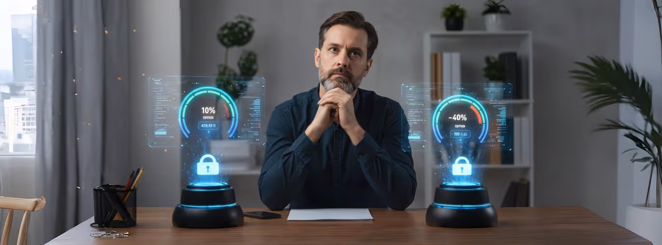 Homem pensativo observando painéis virtuais de velocidade de internet