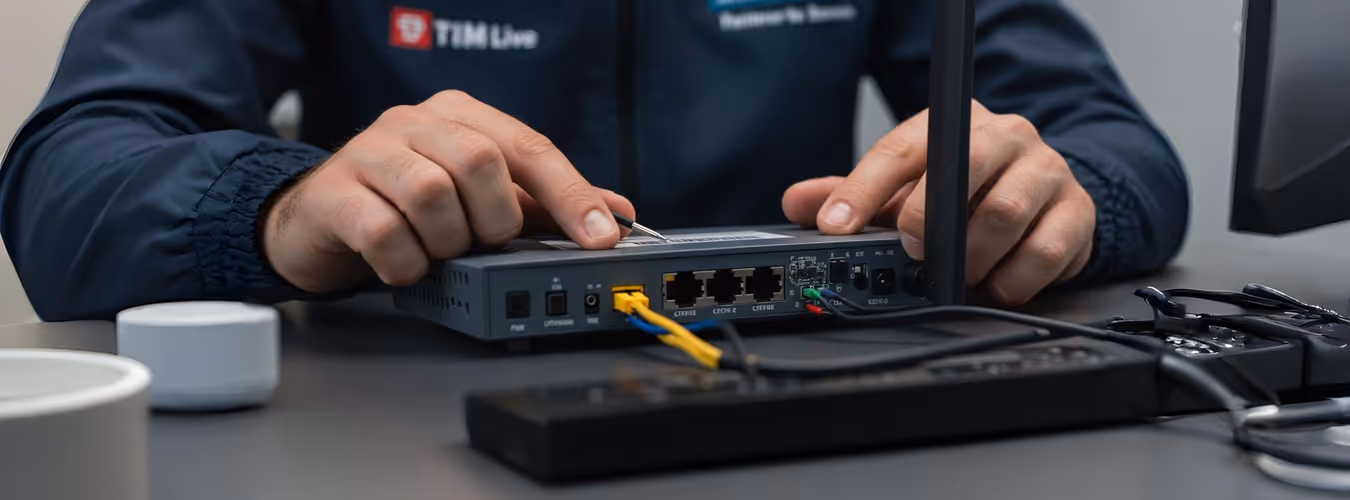 Técnico configurando modem de internet em mesa de trabalho
