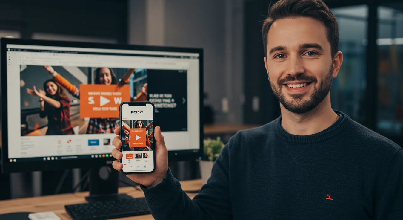 Homem mostra app Pictory no celular em escritório
