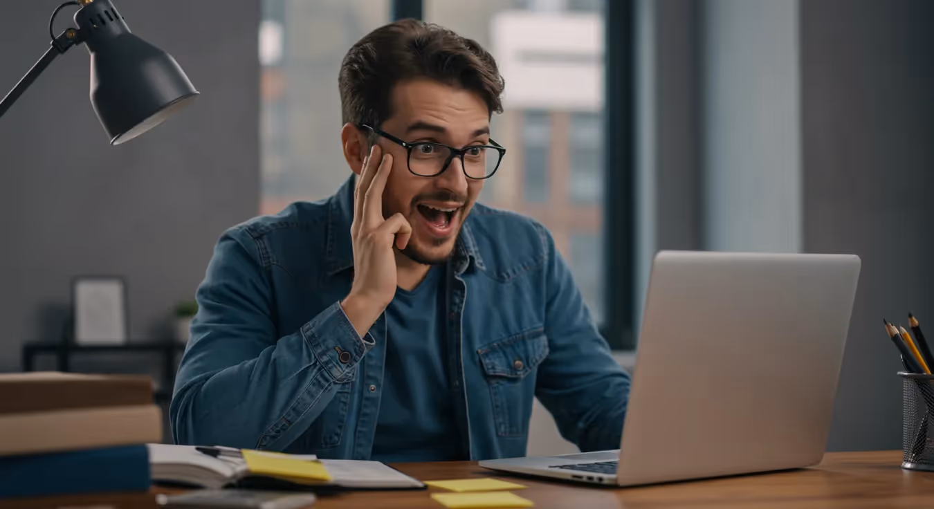 Homem surpreso usando laptop no escritório
