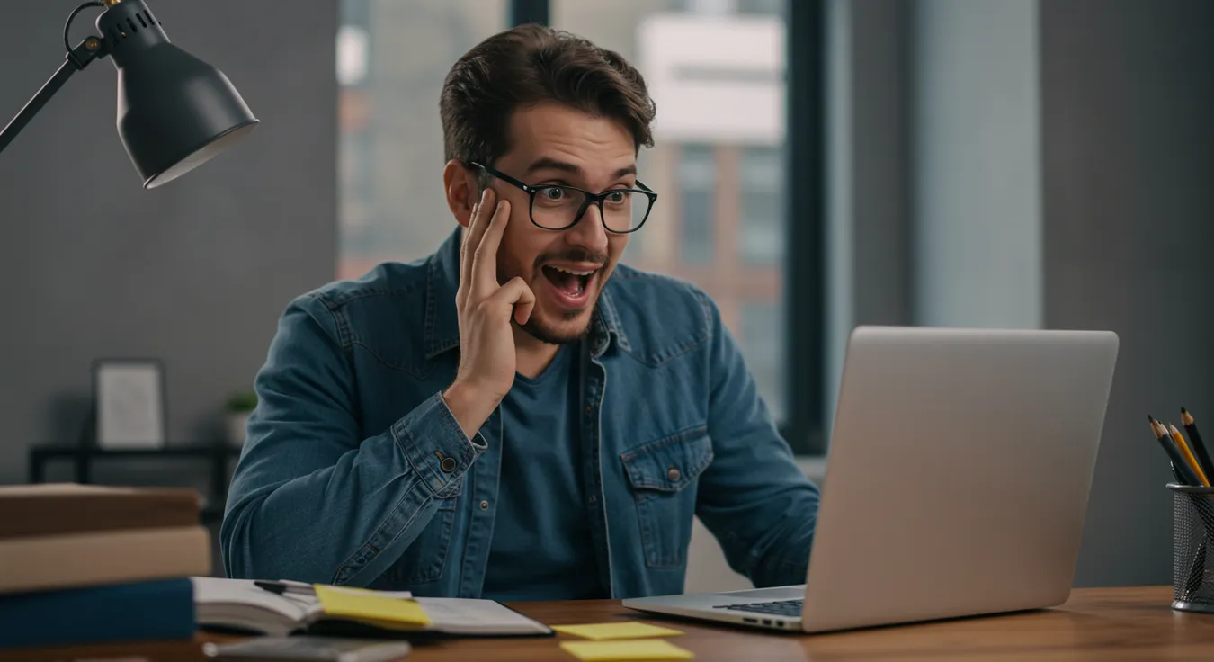 Homem surpreso usando laptop no escritório