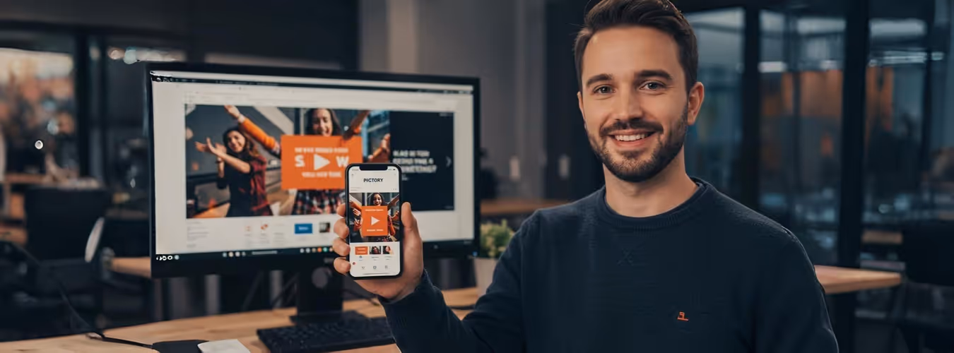 Homem mostra app Pictory no celular em escritório