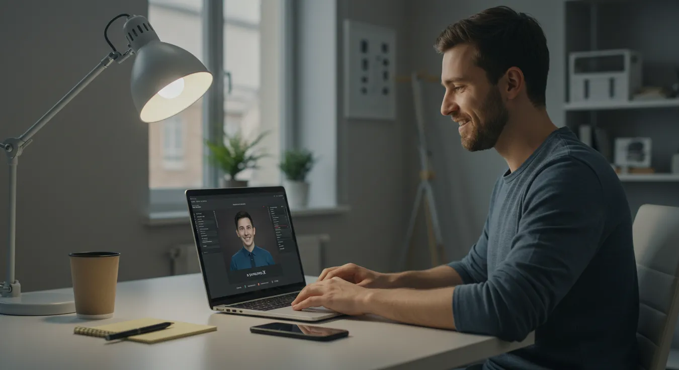 Homem sorrindo em videoconferência no laptop