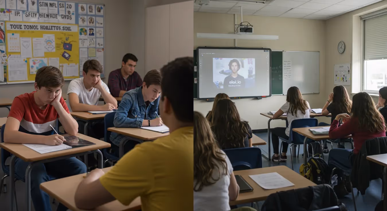 Alunos assistindo aula com apresentação Elai.io na lousa