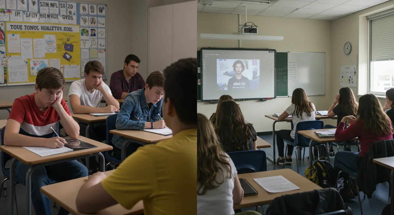 Alunos assistindo aula com apresentação Elai.io na lousa