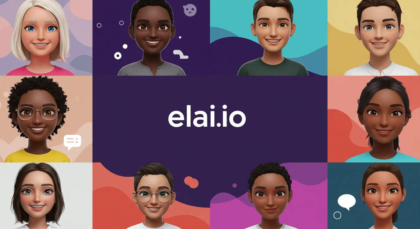 Avatares digitais coloridos com logotipo Elai.io ao centro