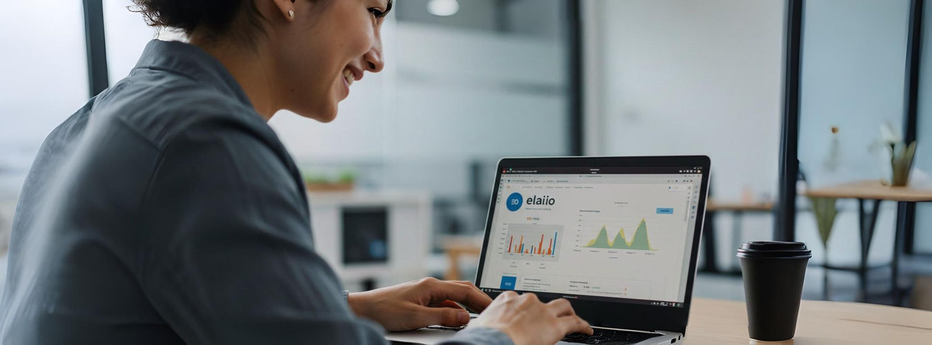 Mulher usando laptop com gráficos e dados na tela Elai.io