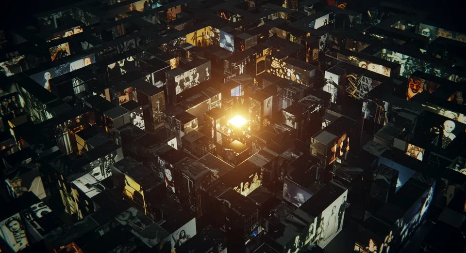 Labirinto iluminado com imagens e luz no centro