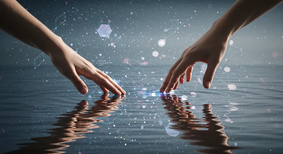 Mãos tocando água com conexão digital futurista