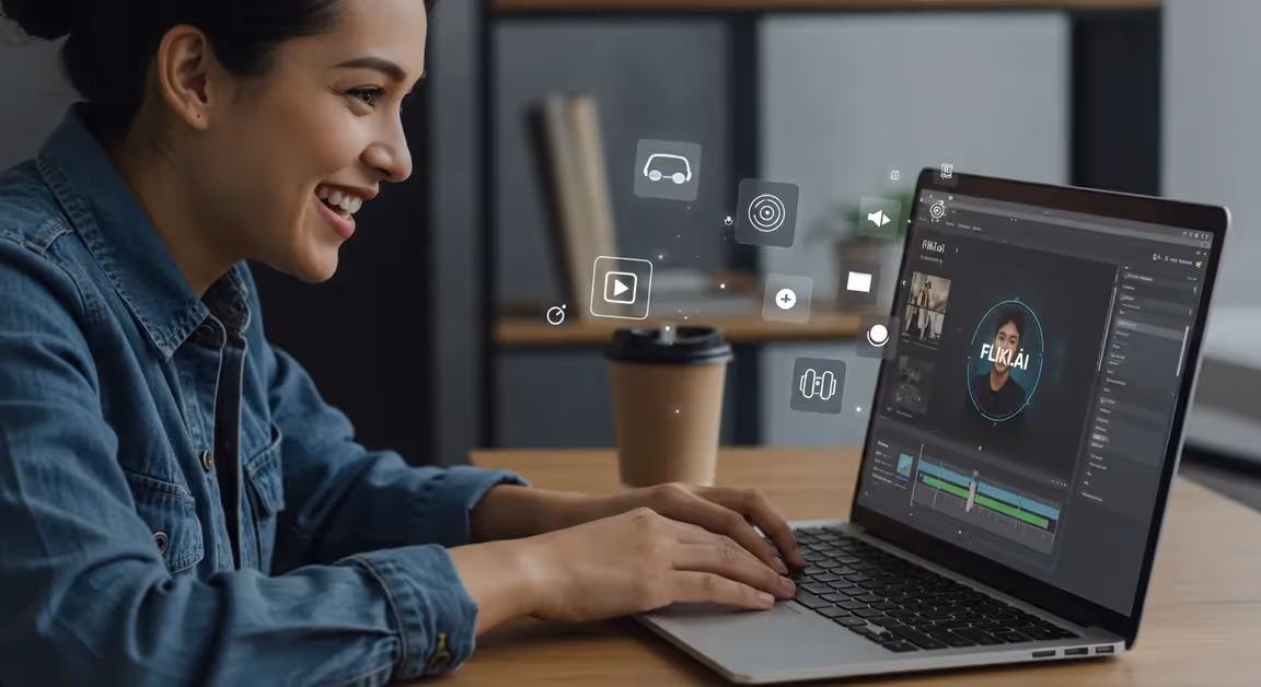 Mulher editando vídeo com ícones flutuantes no laptop