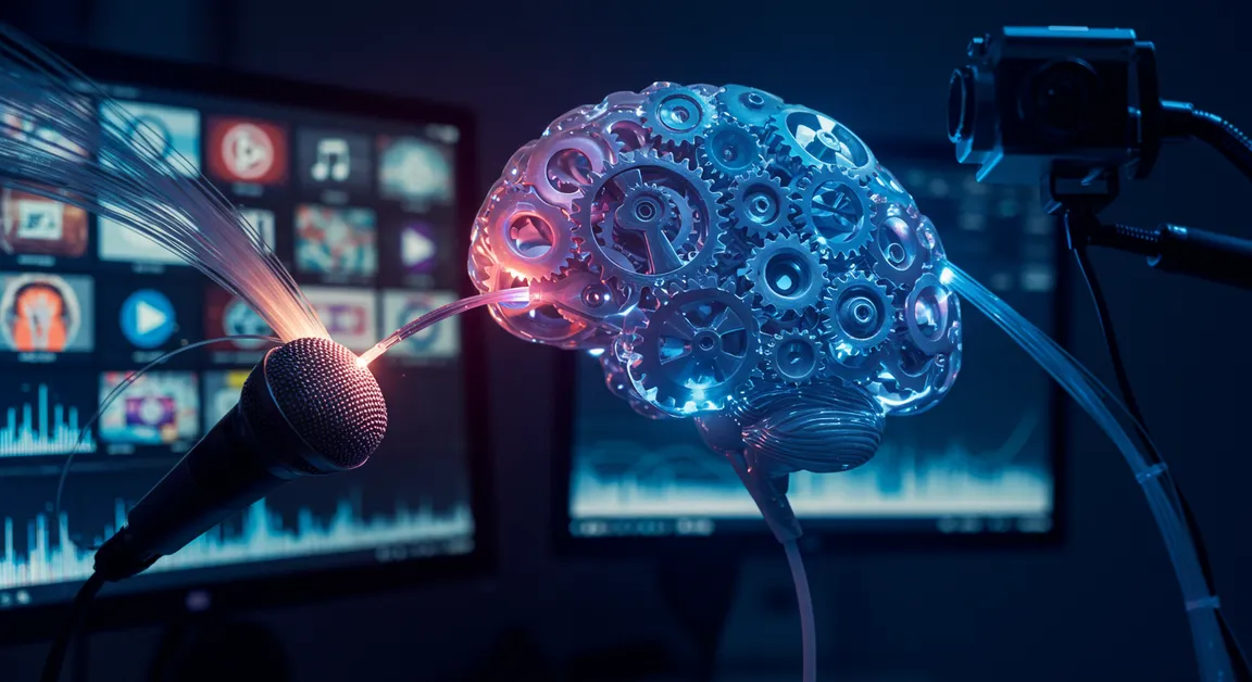 Cérebro futurista com microfone e engrenagens