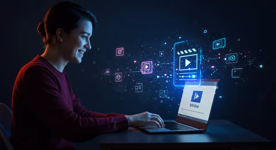 Pessoa feliz criando conteúdo de vídeo no laptop com interface de InVideo.