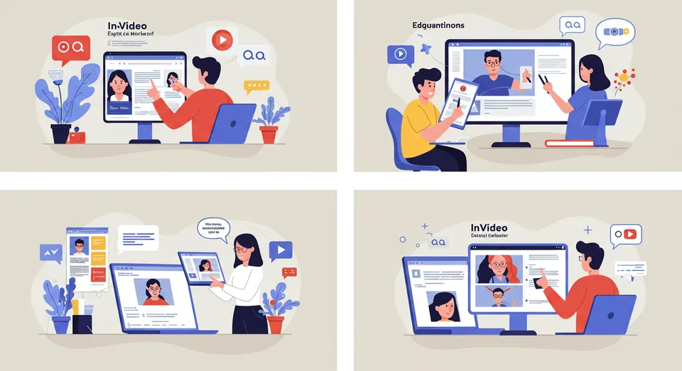 Ilustração de pessoas utilizando a plataforma InVideo para criar conteúdo.