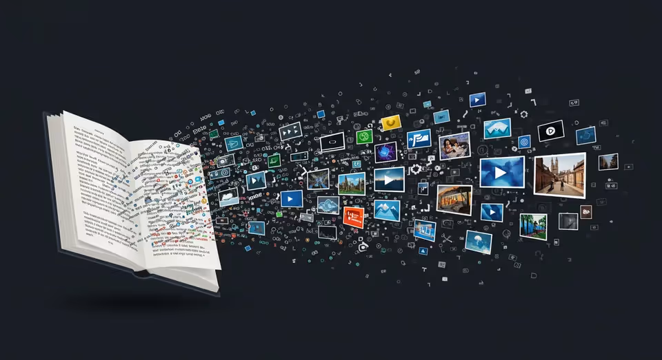 Livro aberto com imagens e ícones digitais saindo das páginas.