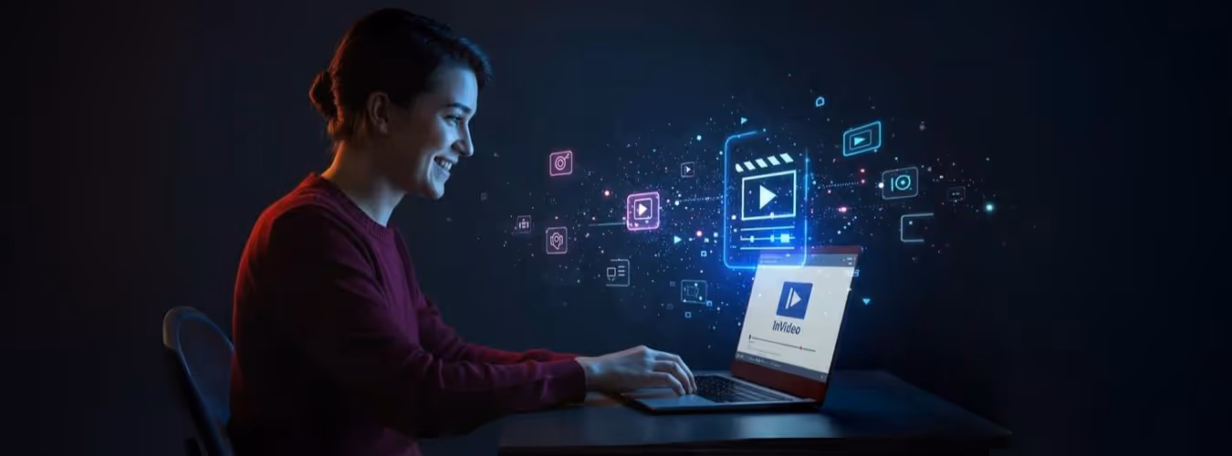 Pessoa feliz criando vídeo no laptop com ícones digitais