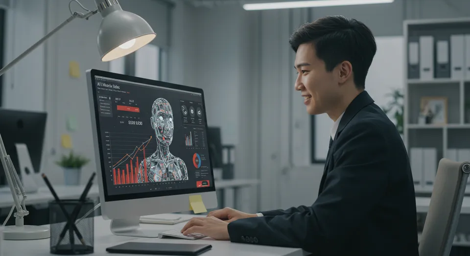Profissional analisa gráficos de IA em tela de computador