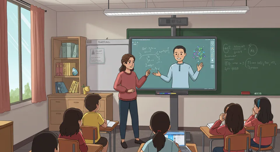 Aula com professor digital em tela interativa de IA