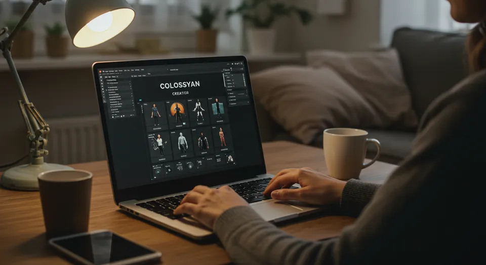 Pessoa cria personagens digitais em laptop com software